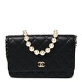 Lambskin Quilted Pearl Wallet On Chain WOC Black
