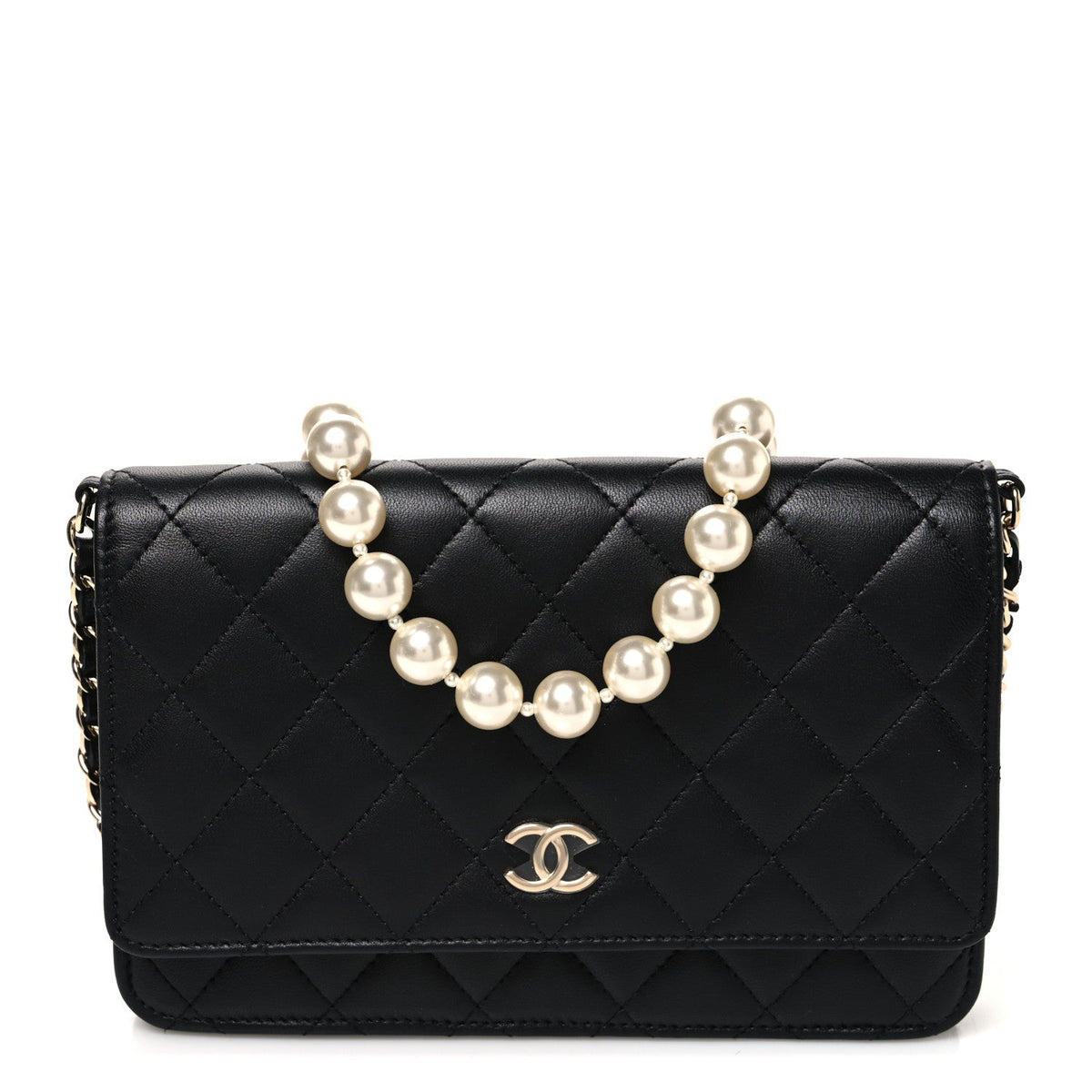 Lambskin Quilted Pearl Wallet On Chain WOC Black
