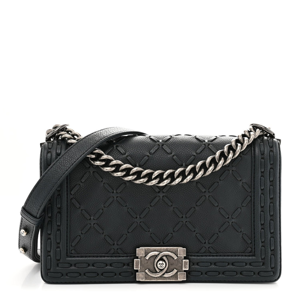 Caviar Stitched Medium Boy Flap Blue