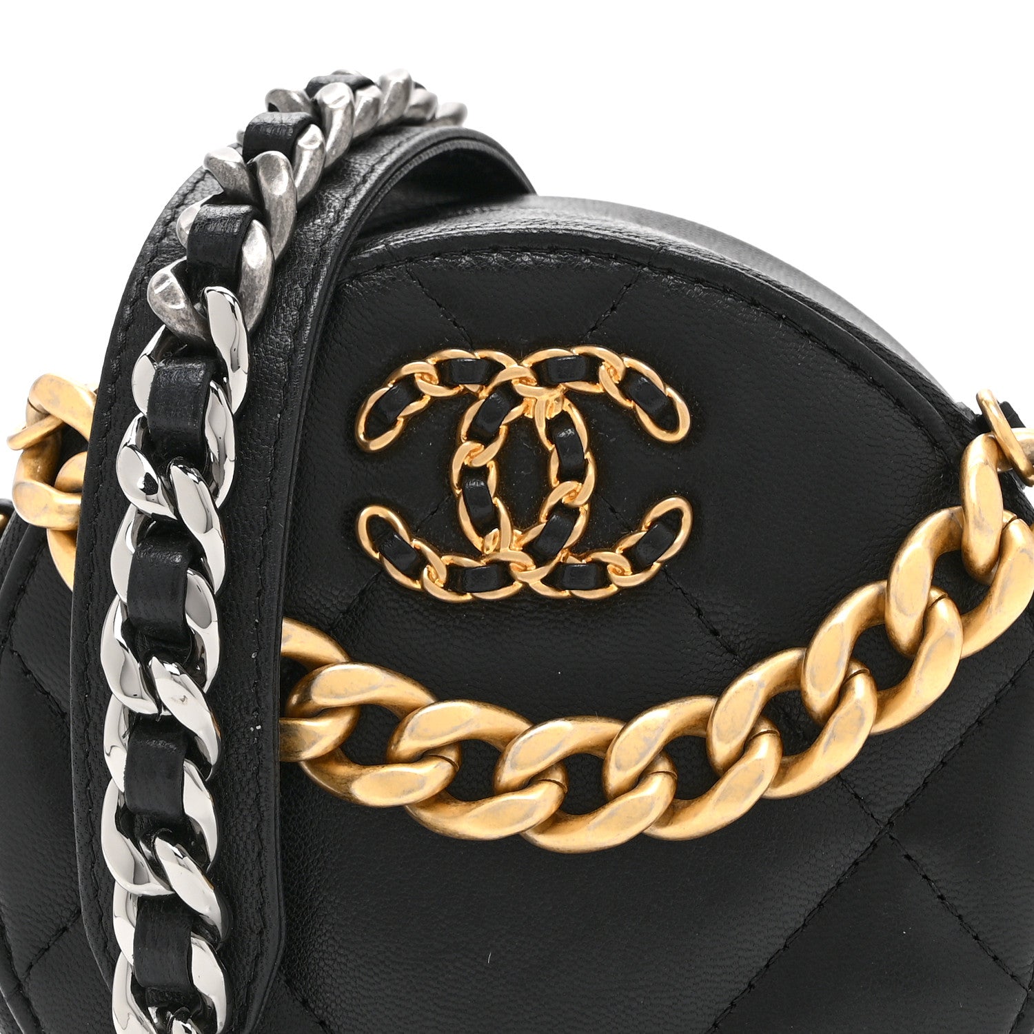 Shiny Goatskin Quilted Chanel 19 Round Clutch With Chain Black