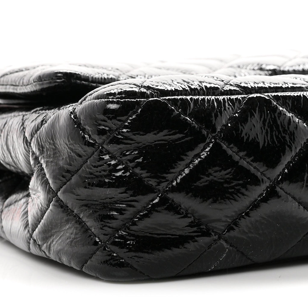 Crumpled Patent Quilted Medium Double Flap Black