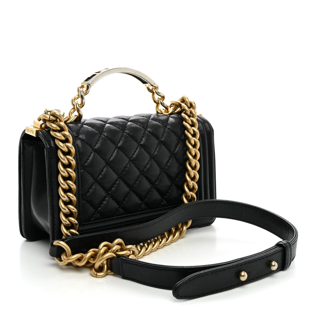 Shiny Caviar Quilted Small Top Handle Boy Flap Black