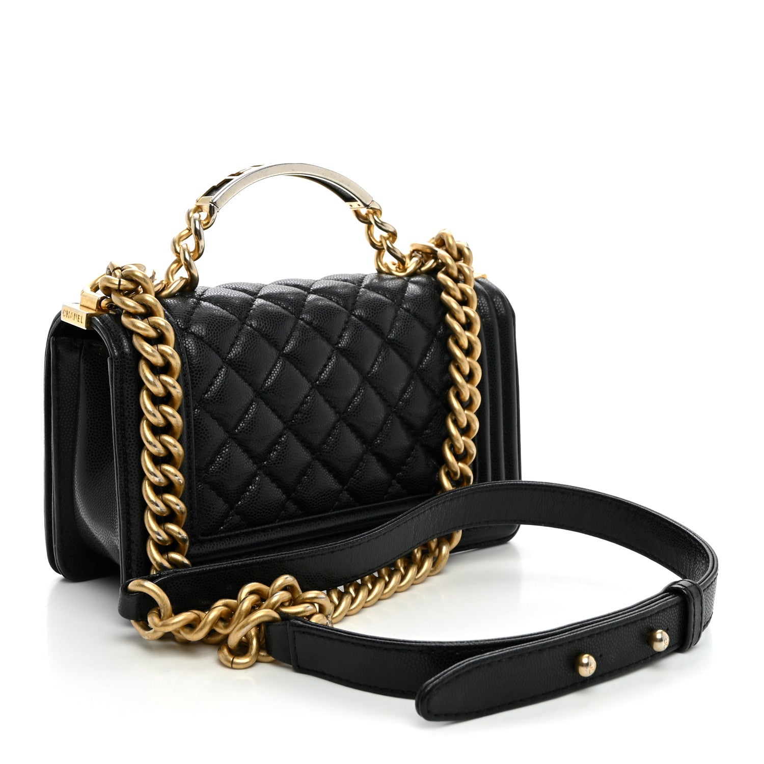 Shiny Caviar Quilted Small Top Handle Boy Flap Black