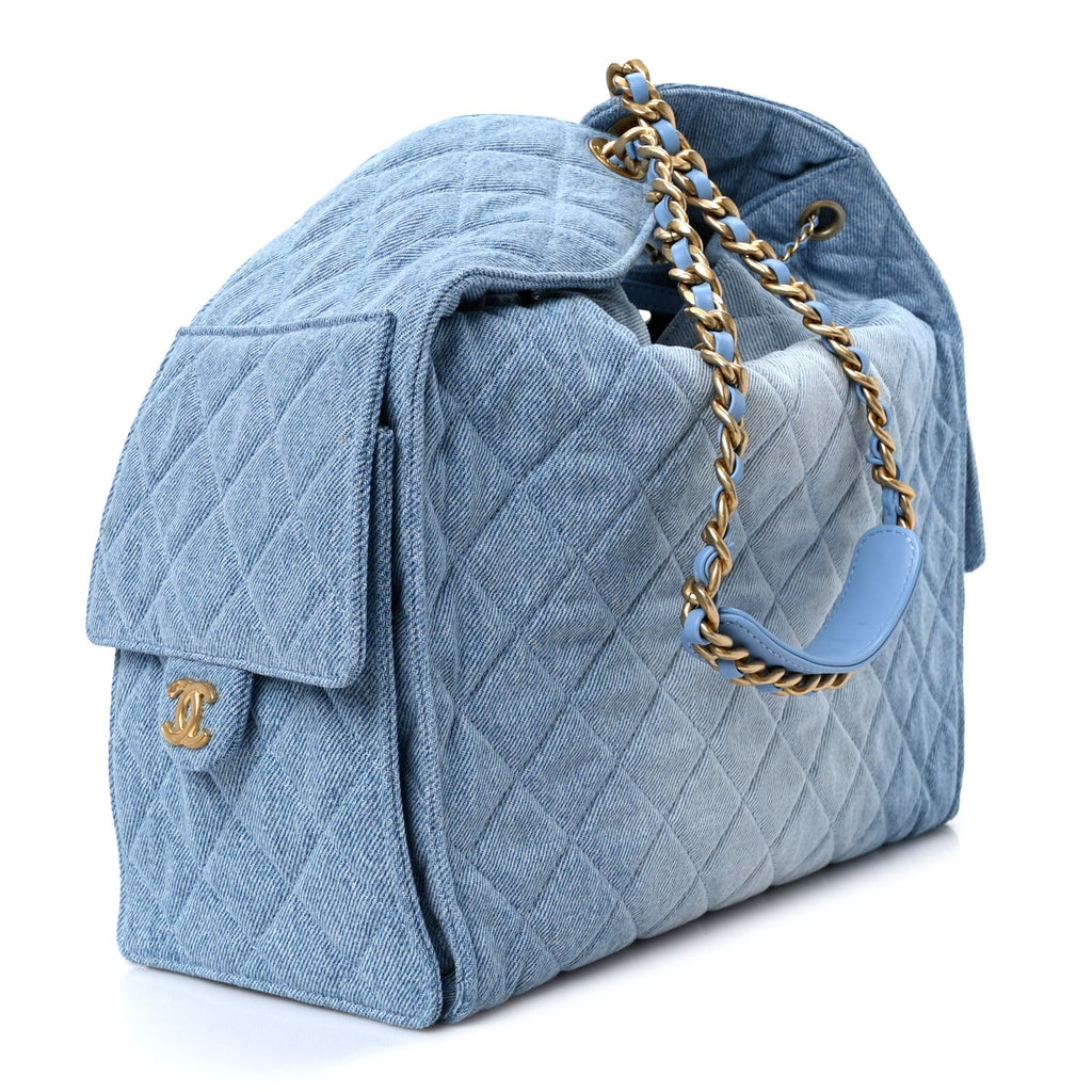 Washed Denim Quilted Medium Chanel 25 Handbag Blue