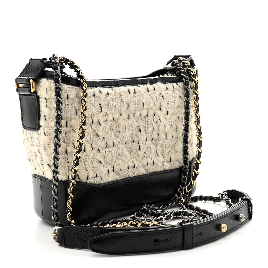 Tweed Calfskin Quilted Small Gabrielle Hobo Ivory Black