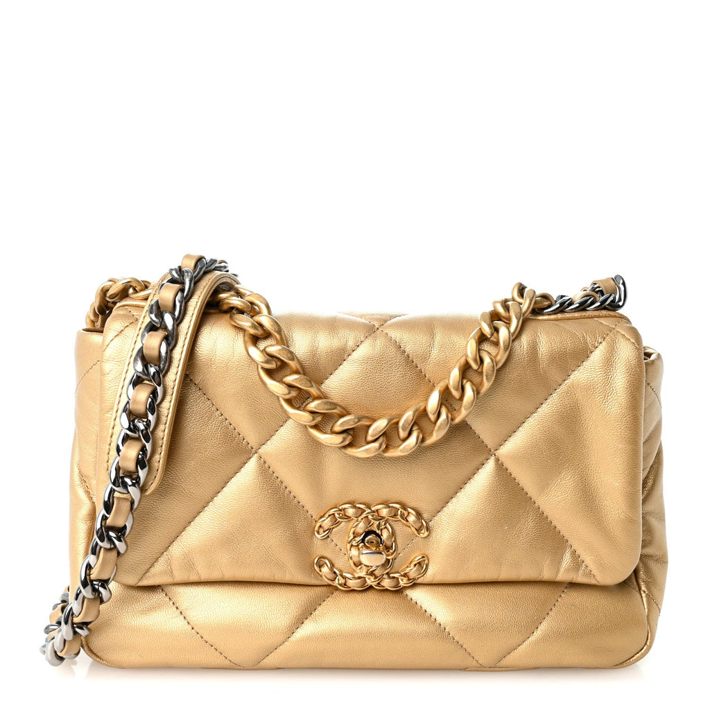 Metallic Goatskin Quilted Medium Chanel 19 Flap Gold