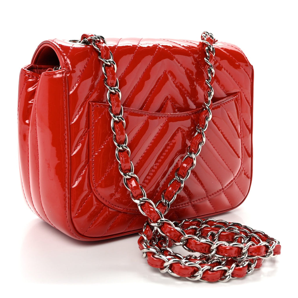 Patent Chevron Quilted Mini Square Flap Red