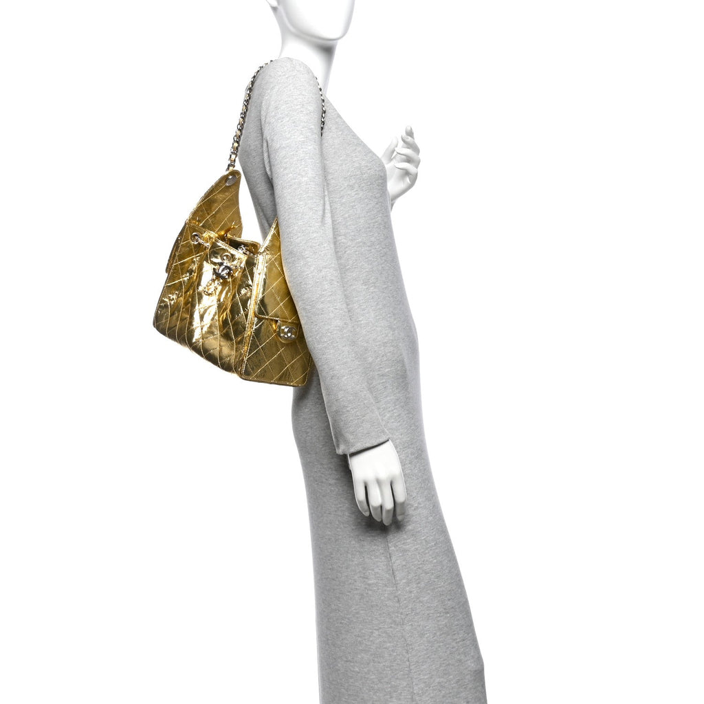 Metallic Aged Calfskin Quilted Small Chanel 25 Handbag Gold