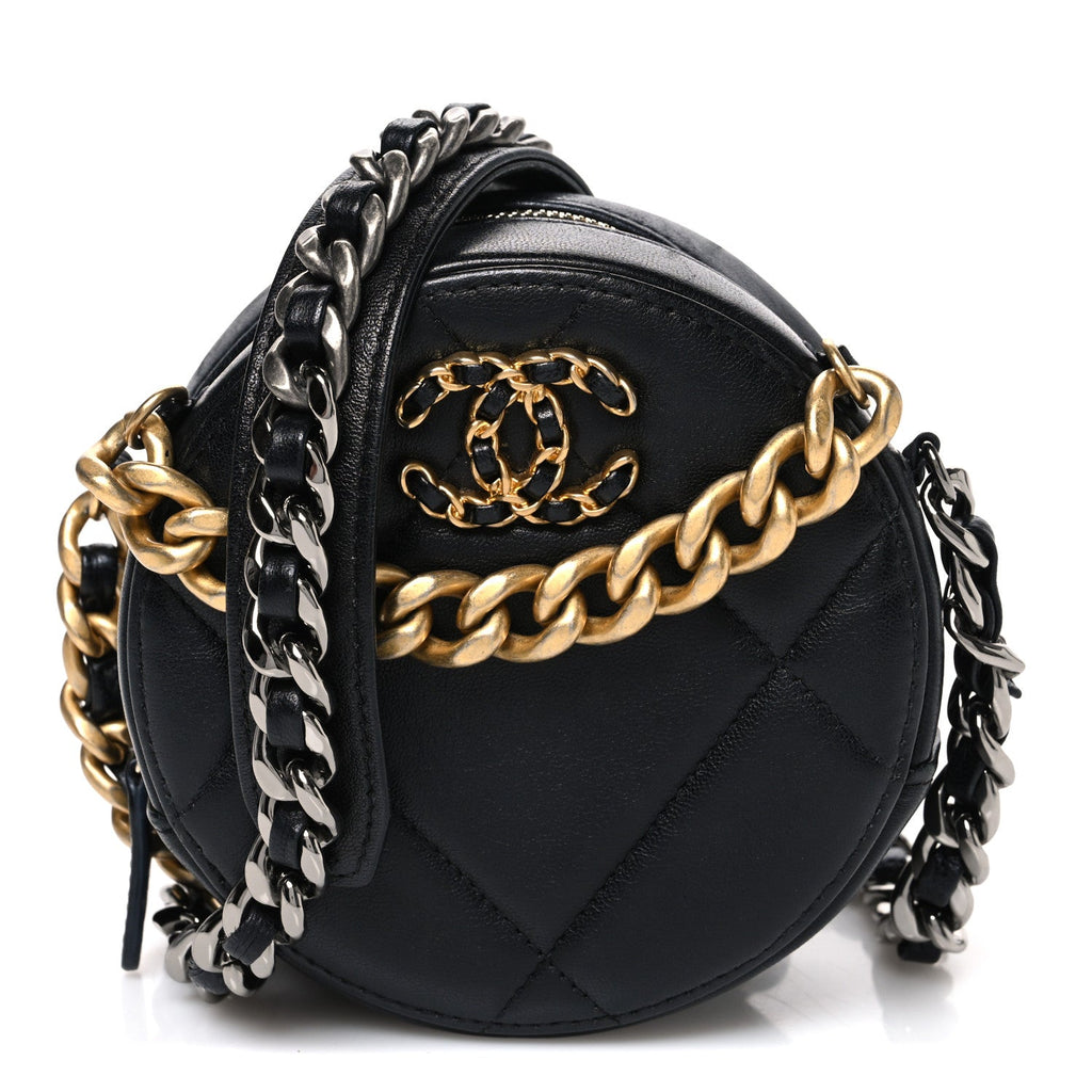 Lambskin Quilted Chanel 19 Round Clutch With Chain Black