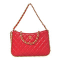 Shiny Crumpled Lambskin Quilted Large Trendy Chain Around Hobo Red