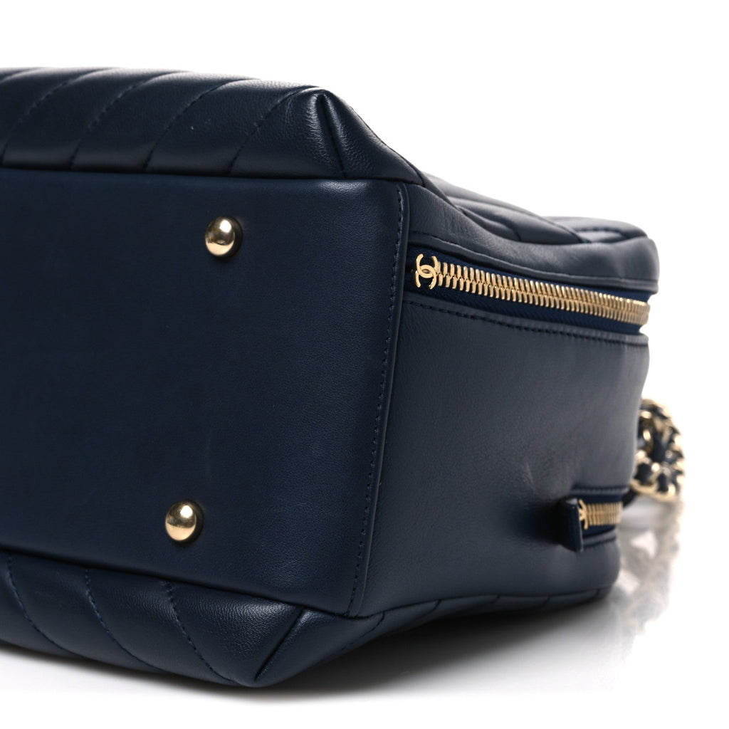 Lambskin Chevron Quilted Small Trendy CC Bowling Bag Navy Blue