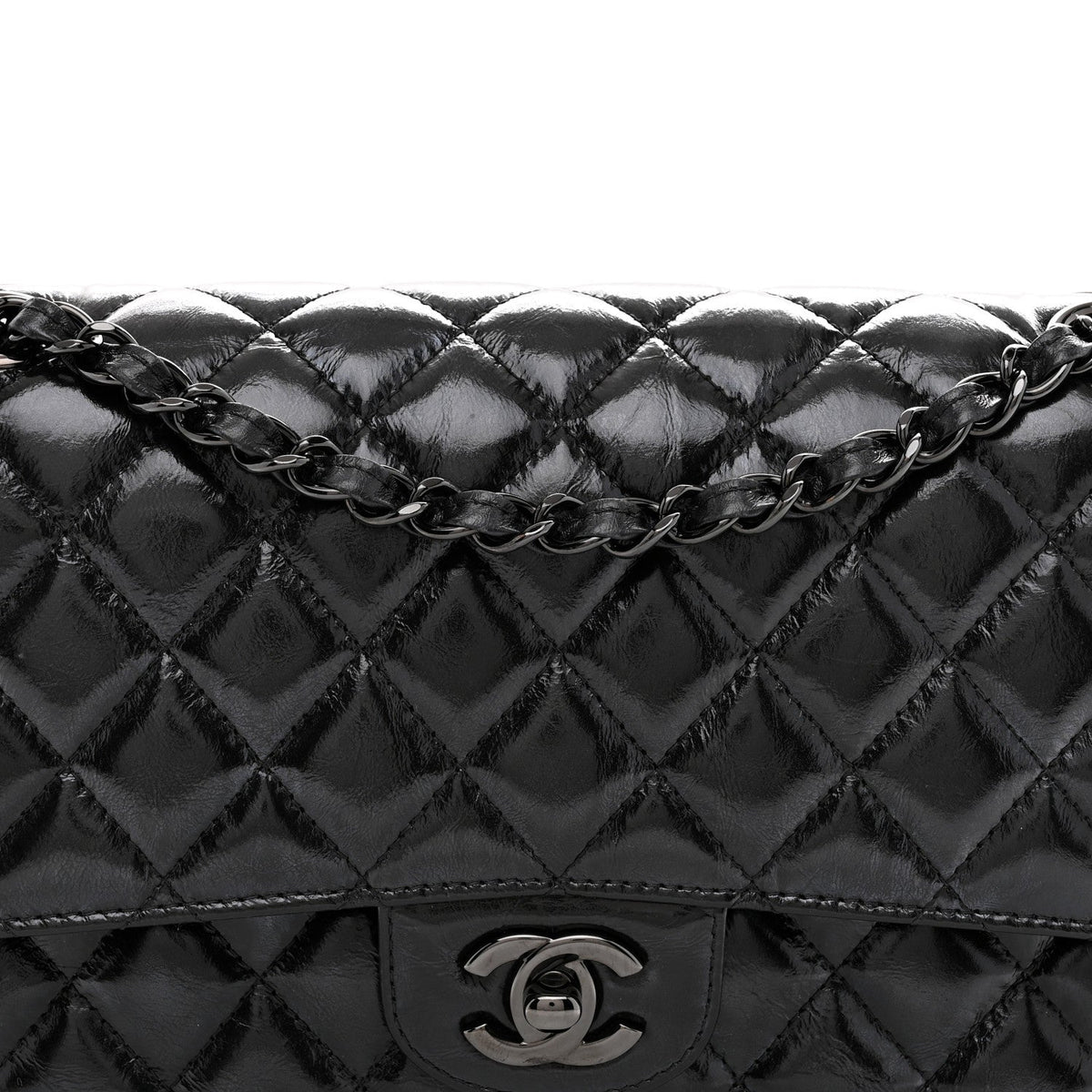Shiny Crumpled Calfskin Quilted Medium Double Flap So Black