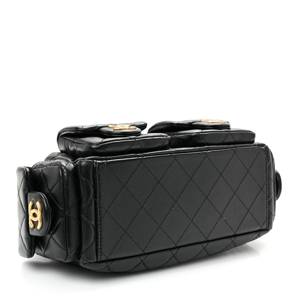 Shiny Lambskin Quilted Trendy Pockets Hobo Black