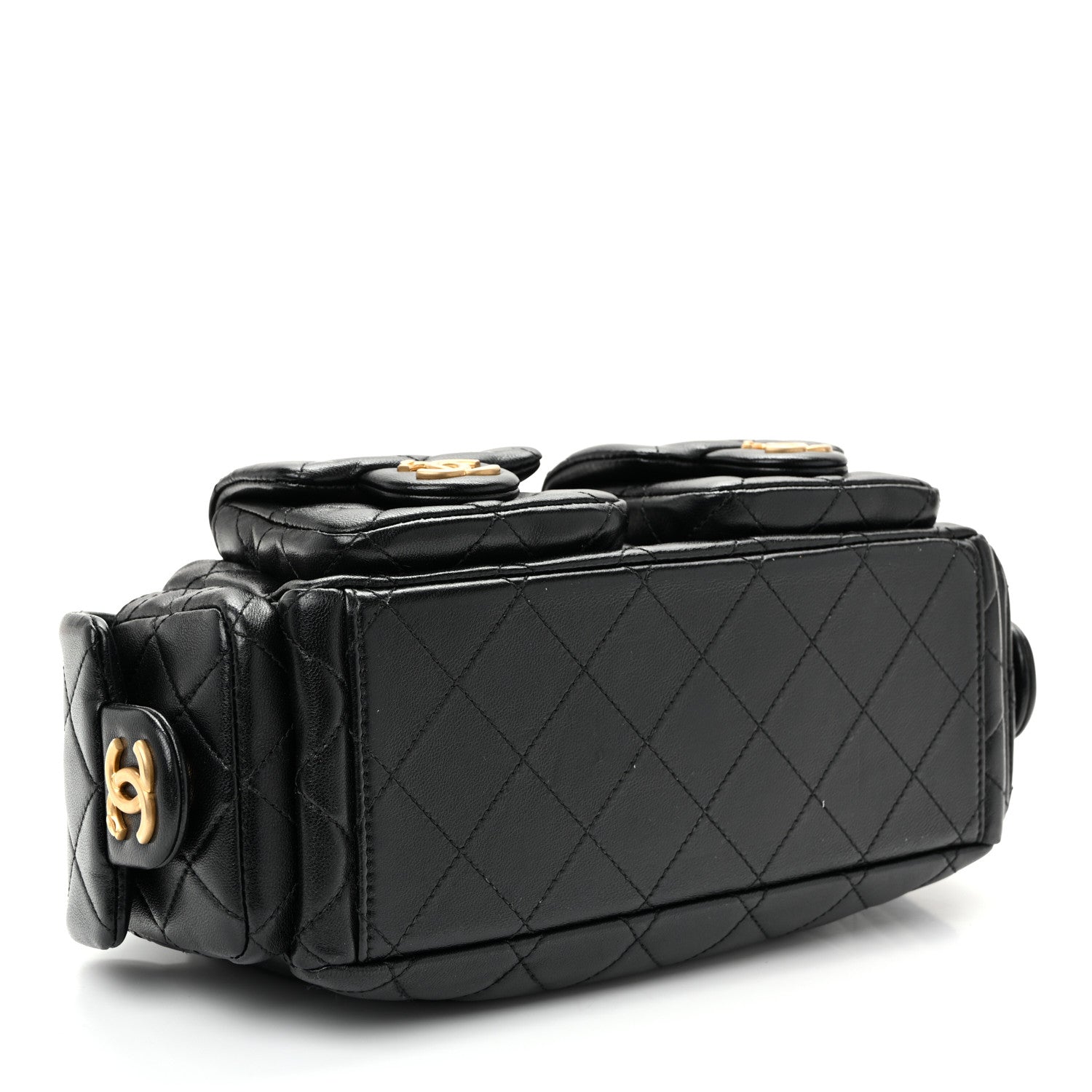 Shiny Lambskin Quilted Trendy Pockets Hobo Black