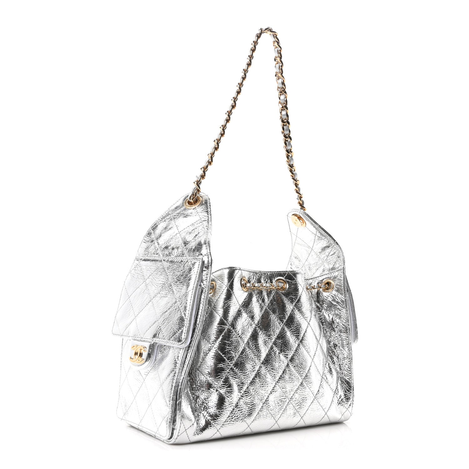 Metallic Aged Calfskin Quilted Small Chanel 25 Handbag Silver