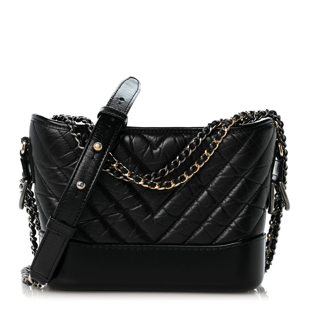 Aged Calfskin Chevron Quilted Small Gabrielle Hobo Black