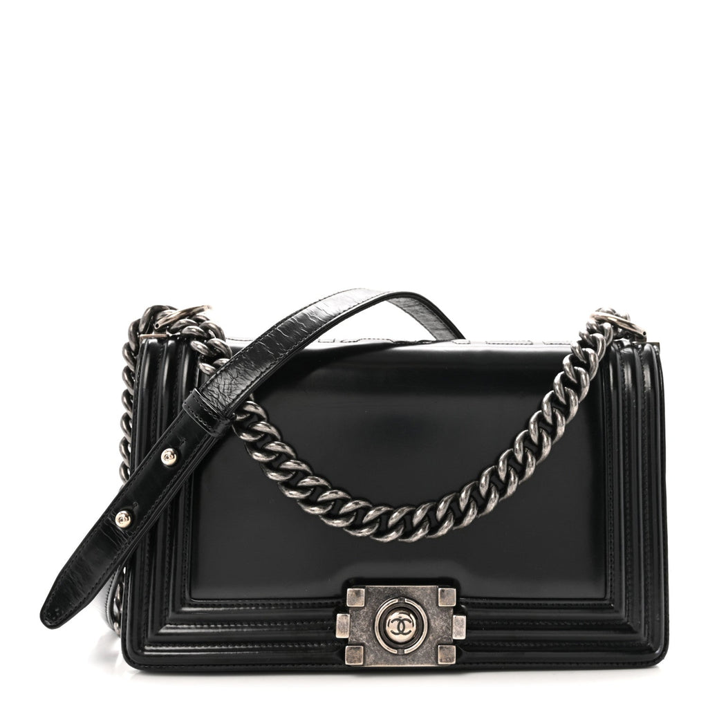Glazed Calfskin Medium Boy Flap Black