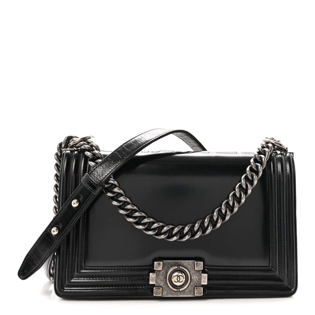 Glazed Calfskin Medium Boy Flap Black