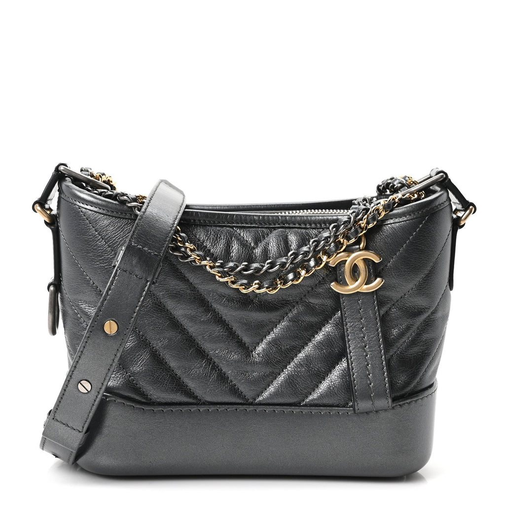 Metallic Aged Calfskin Chevron Quilted Small Gabrielle Hobo Dark Grey