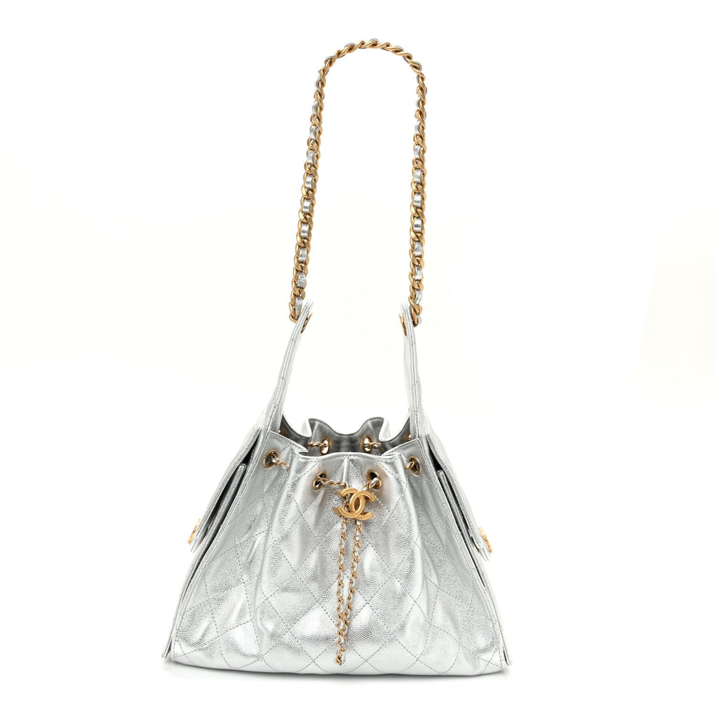 Metallic Caviar Quilted Small Chanel 25 Handbag Silver