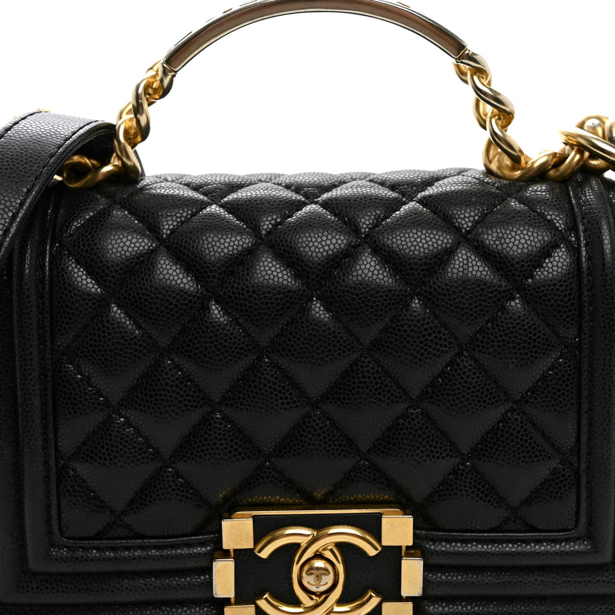Shiny Caviar Quilted Small Top Handle Boy Flap Black
