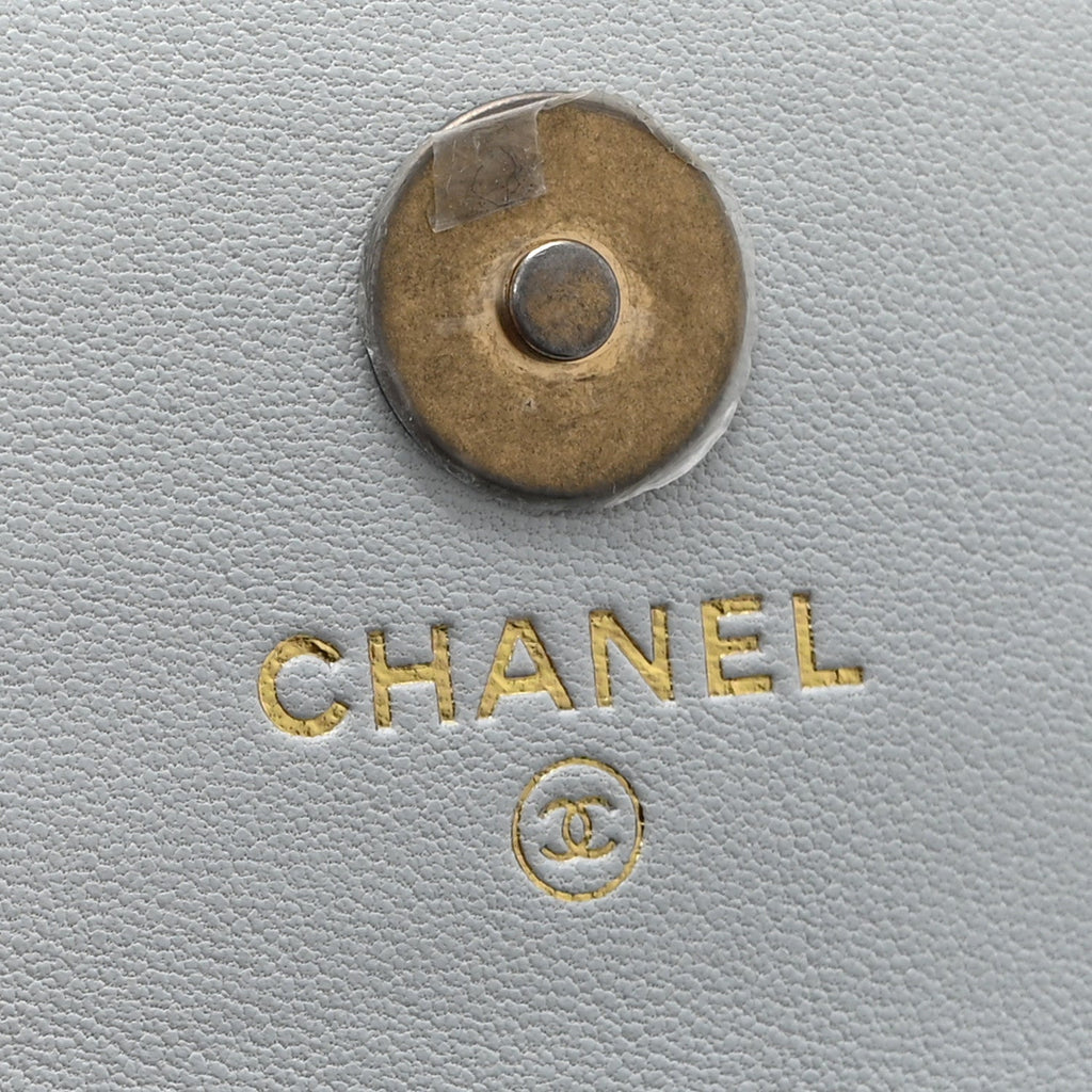 Lambskin Quilted Chanel 19 Flap Card Holder With Chain Light Blue