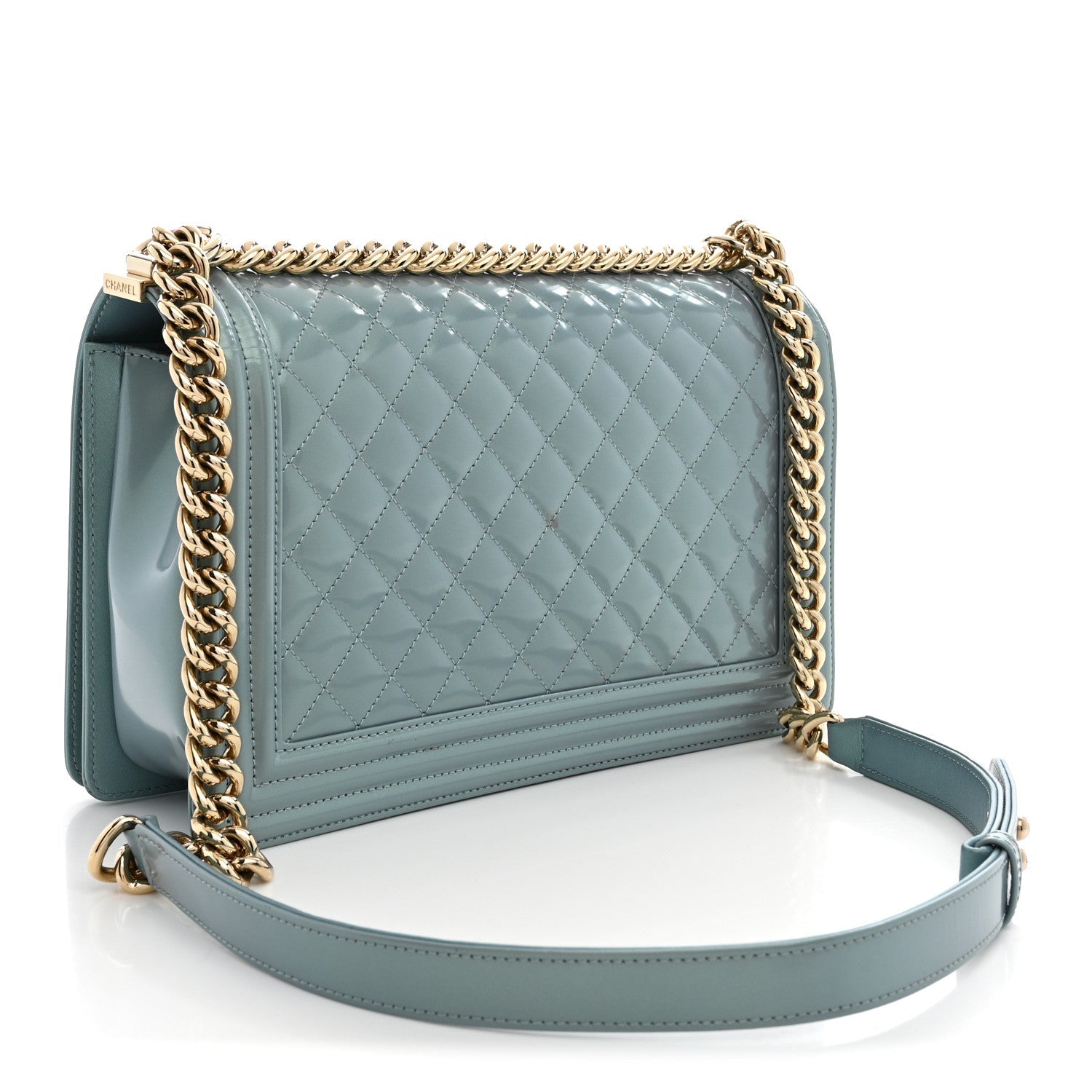 Iridescent Glazed Calfskin Quilted New Medium Boy Flap Light Blue