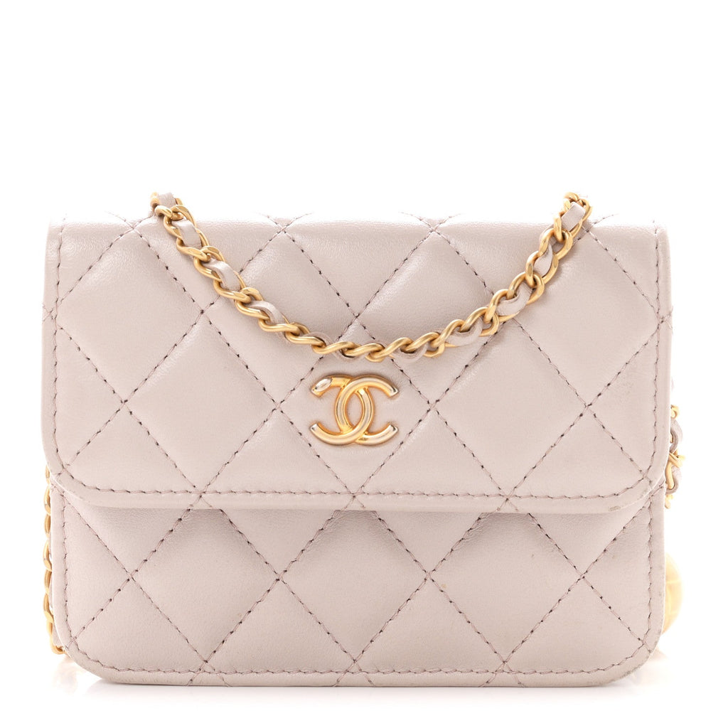 Lambskin Quilted CC Pearl Crush Wallet on Chain WOC Light Purple