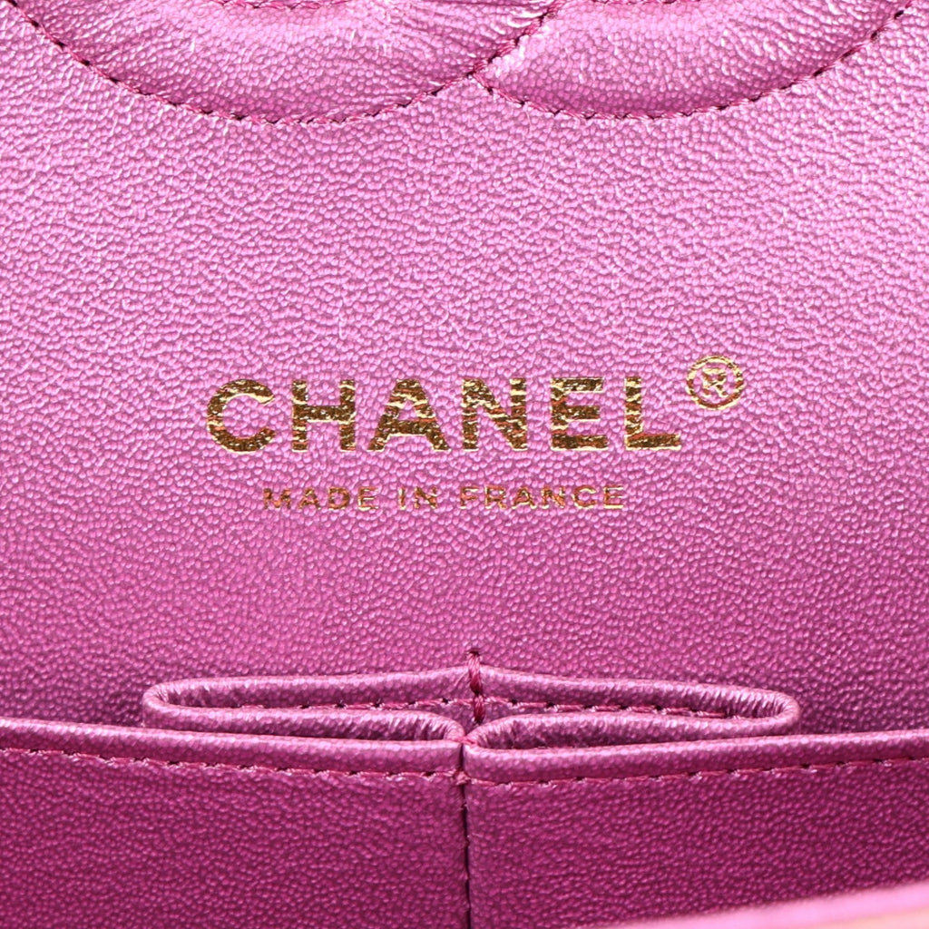 Iridescent Lambskin Quilted Medium Double Flap Purple