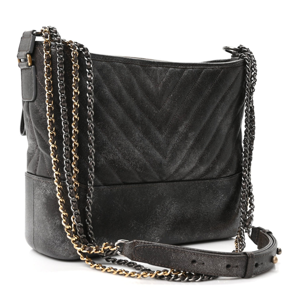 Metallic Caviar Chevron Quilted Medium Gabrielle Hobo Dark Silver Gold