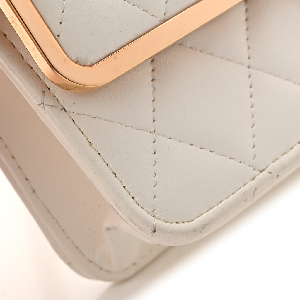 Lambskin Quilted Frame Wallet On Chain WOC White