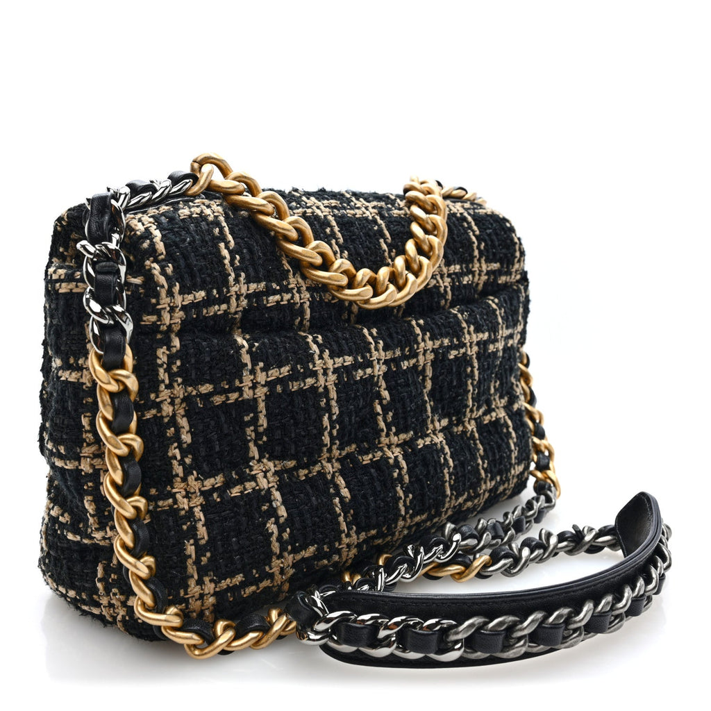 Tweed Quilted Medium Chanel 19 Flap Black Beige