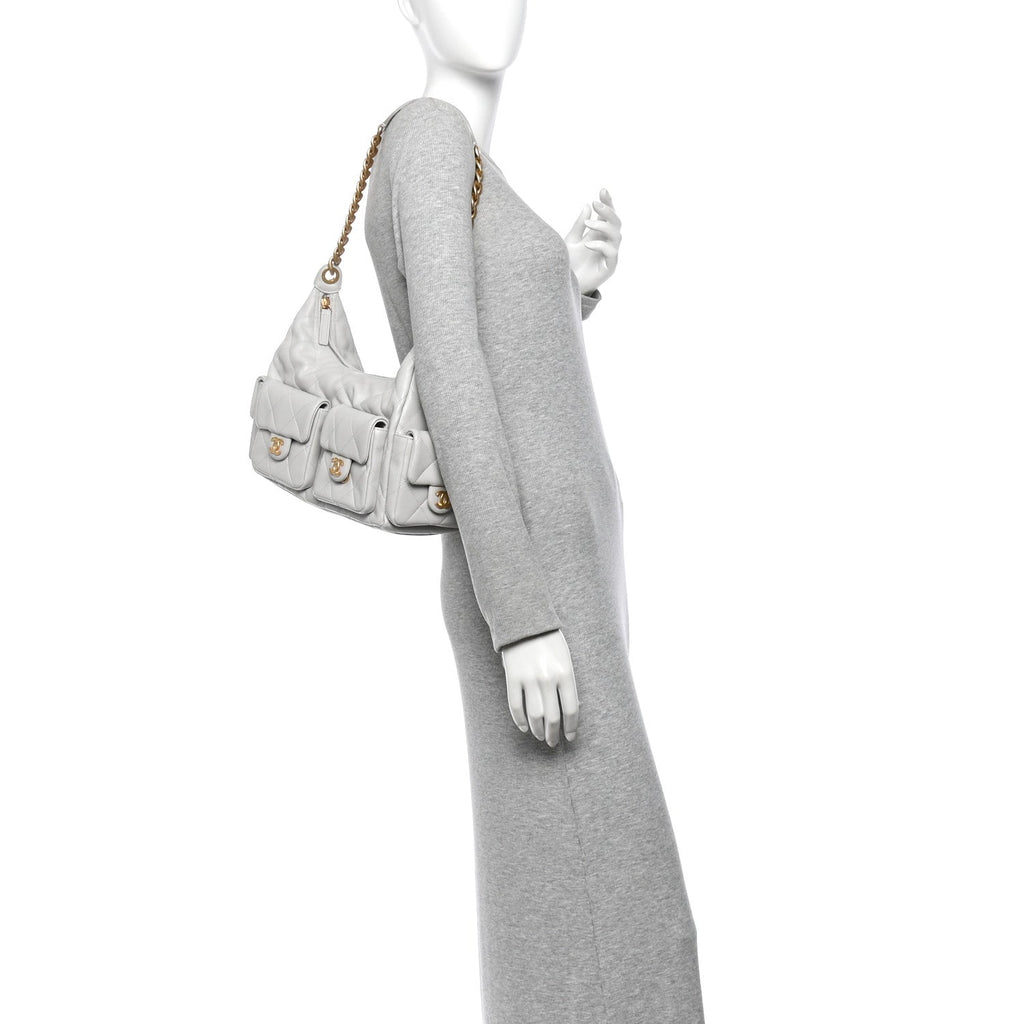 Shiny Lambskin Quilted Large Trendy Pockets Hobo Light Grey