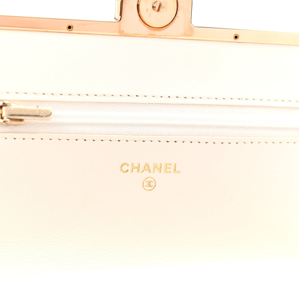 Lambskin Quilted Frame Wallet On Chain WOC White