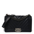Calfskin Chevron Quilted Medium Boy Flap Black