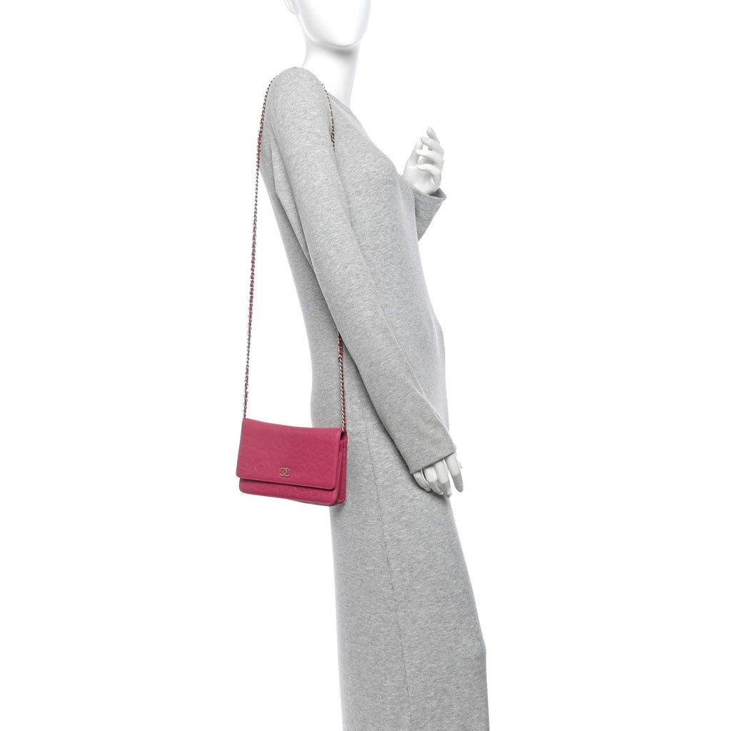 Lambskin Camellia Embossed Wallet on Chain WOC Fuchsia