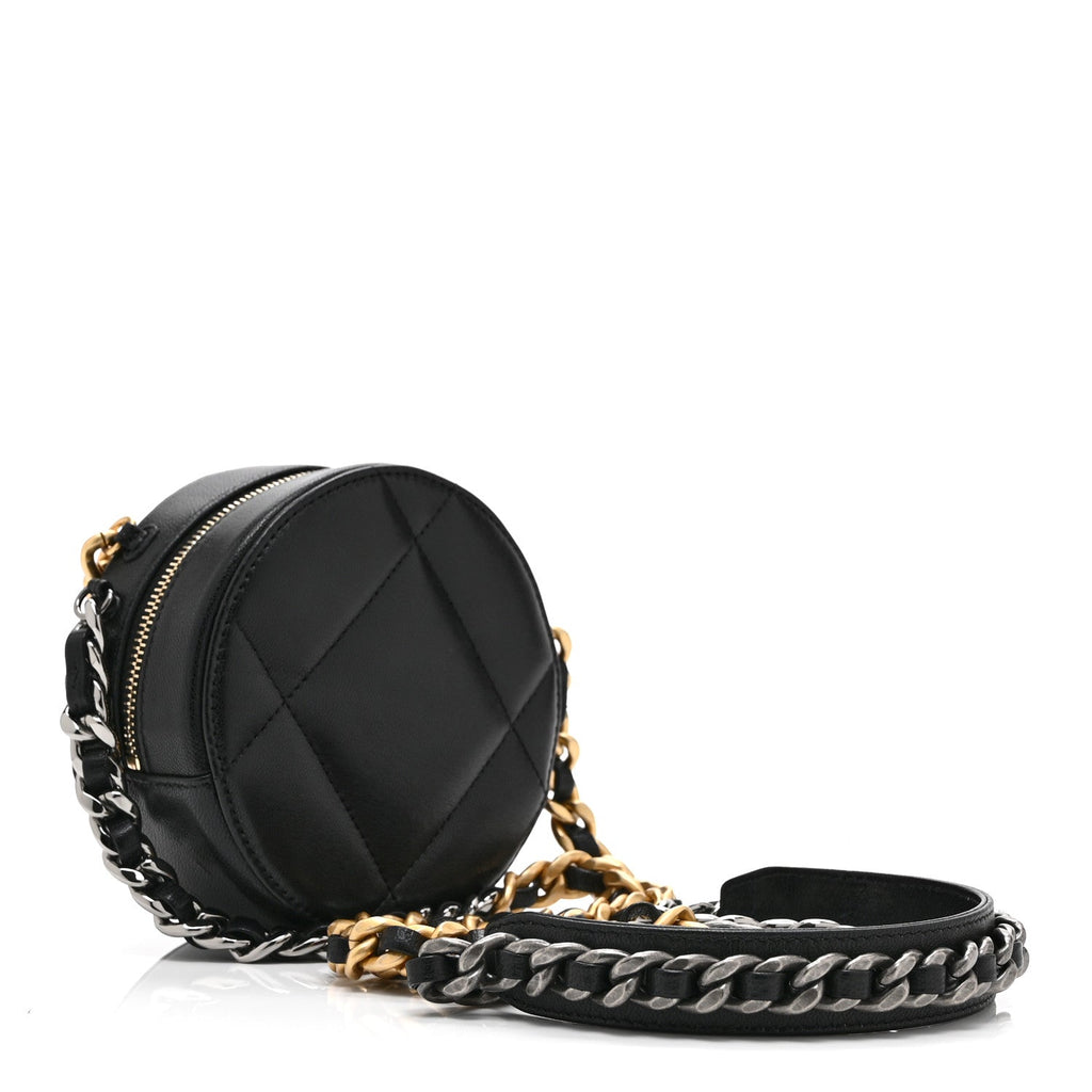 Shiny Goatskin Quilted Chanel 19 Round Clutch With Chain Black