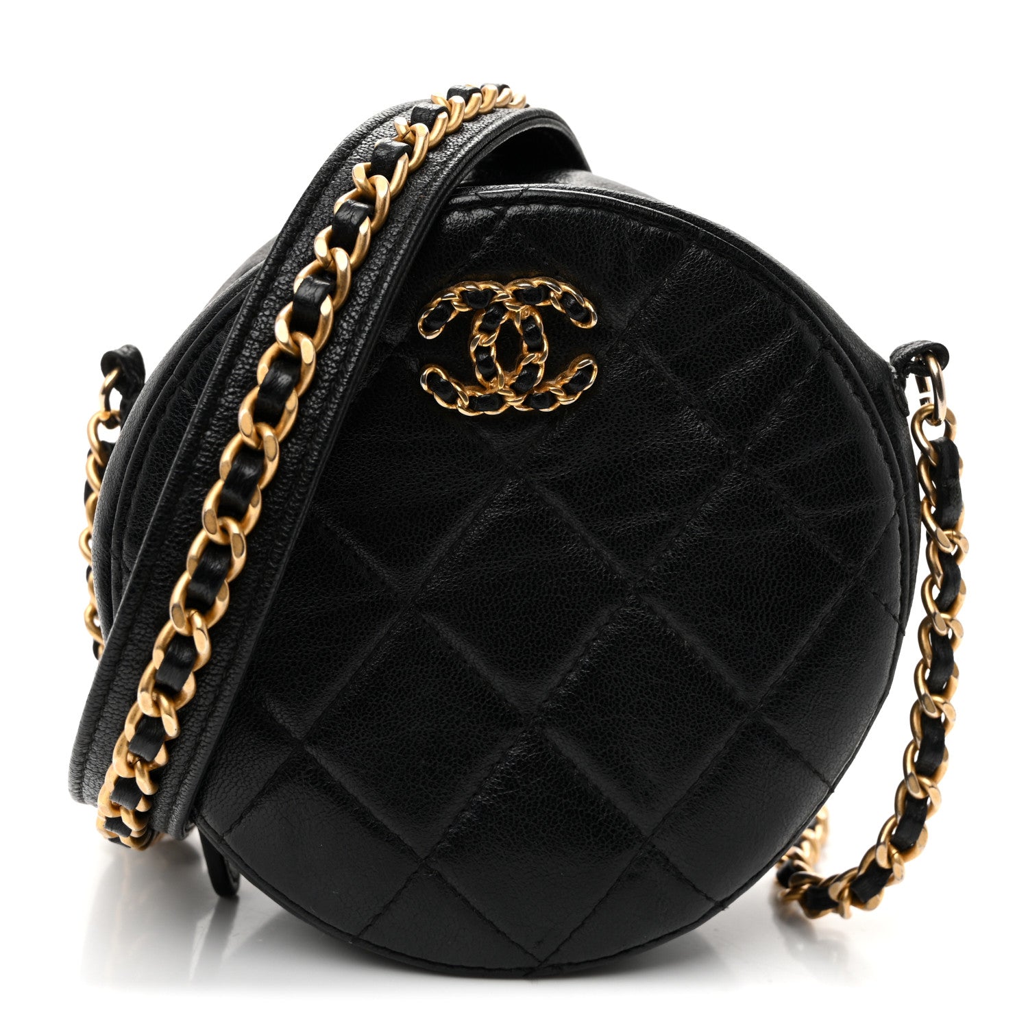 Goatskin Quilted Chanel 19 Round Clutch With Chain Black