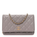 Grained Calfskin Quilted Strass CC Wallet On Chain WOC Dark Grey