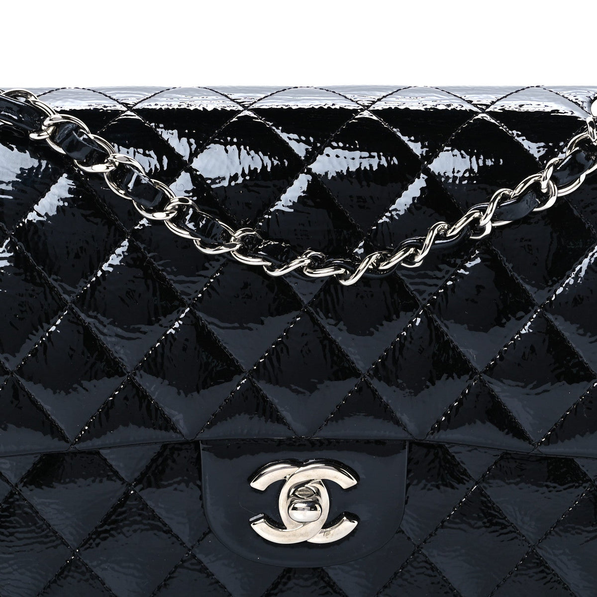 Distressed Patent Quilted Medium Double Flap Black