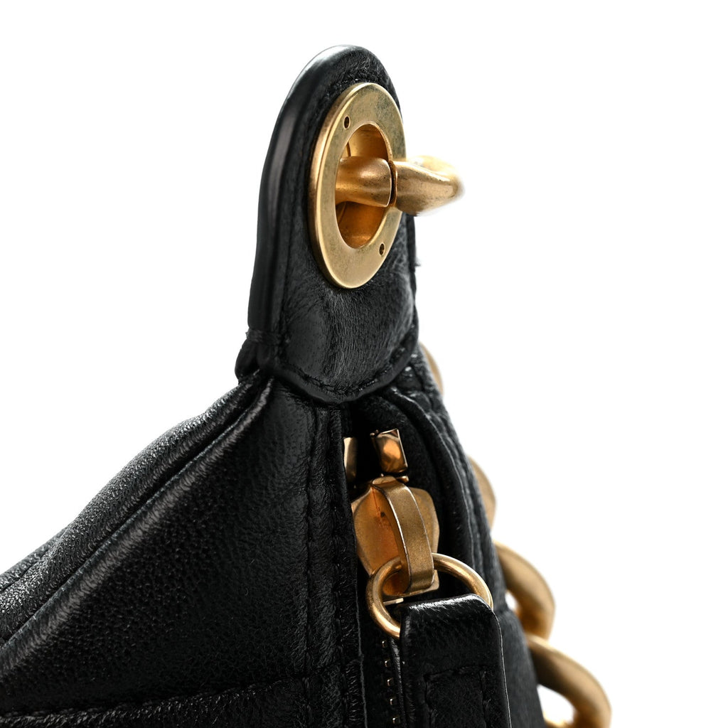Shiny Lambskin Quilted Trendy Pockets Hobo Black