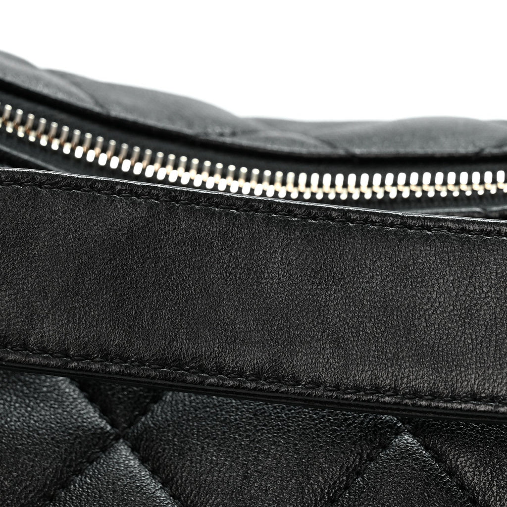 Shiny Lambskin Quilted Trendy Pockets Hobo Black