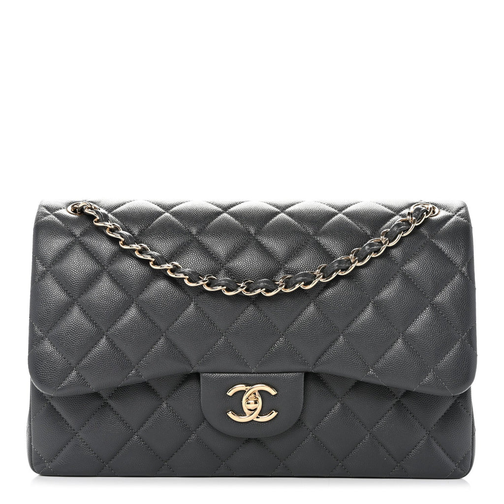 Caviar Quilted Jumbo Double Flap Dark Grey