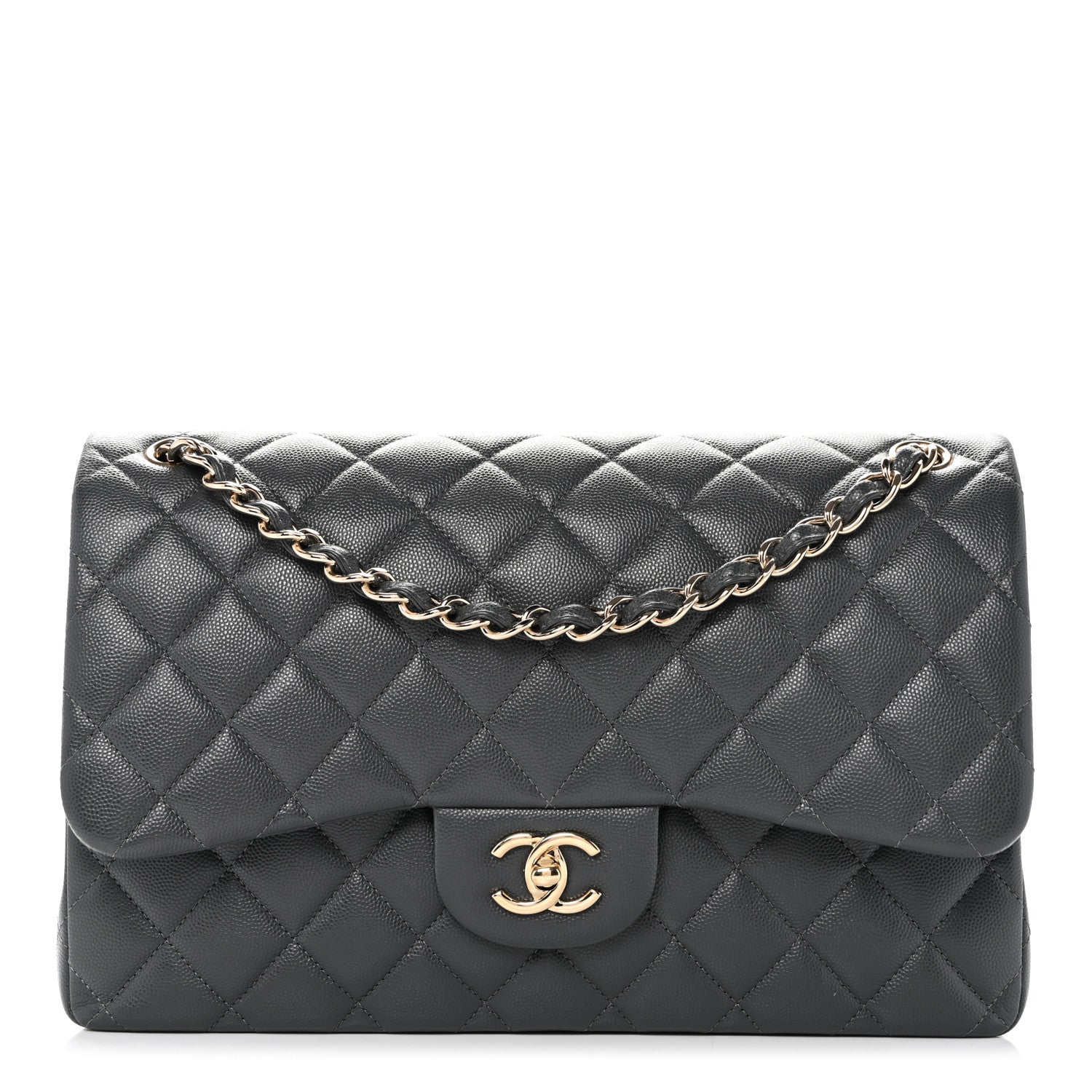 Caviar Quilted Jumbo Double Flap Dark Grey
