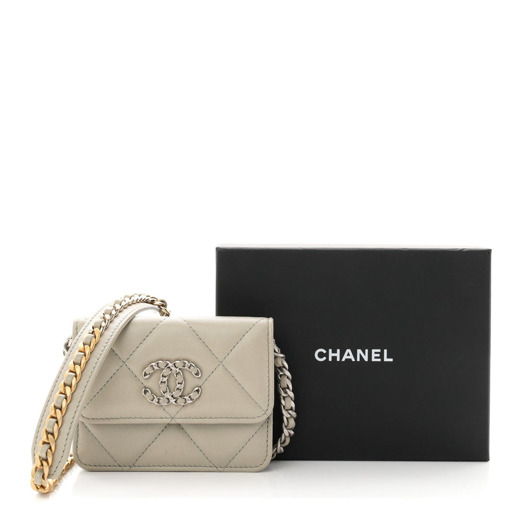 Lambskin Quilted Chanel 19 Flap Coin Purse With Chain Grey