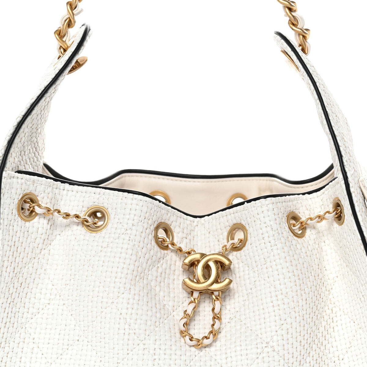 Braided Raffia Calfskin Quilted Small Chanel 25 Handbag White Black