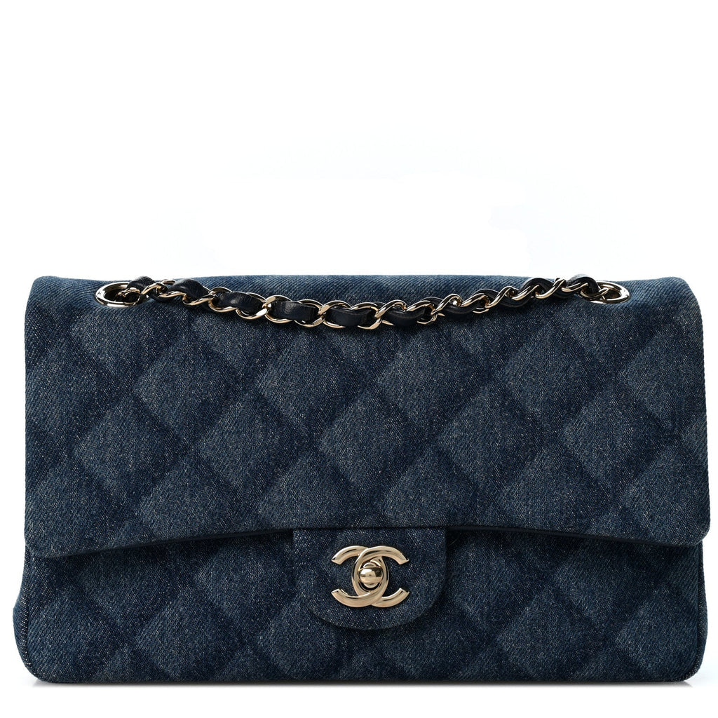 Printed Denim Quilted Medium Double Flap Light Blue