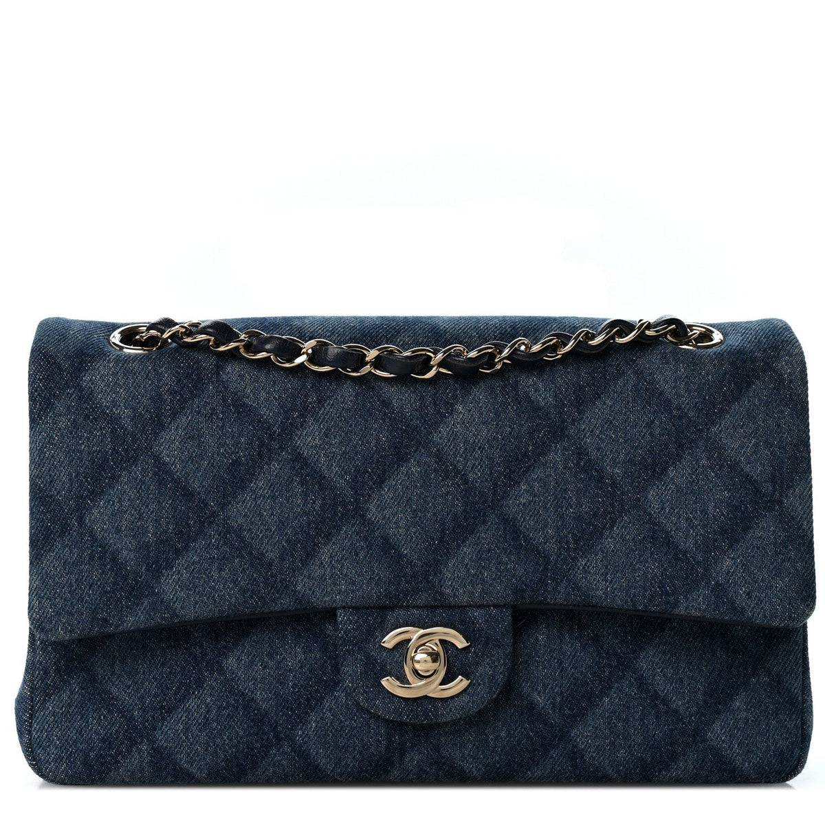 Printed Denim Quilted Medium Double Flap Light Blue