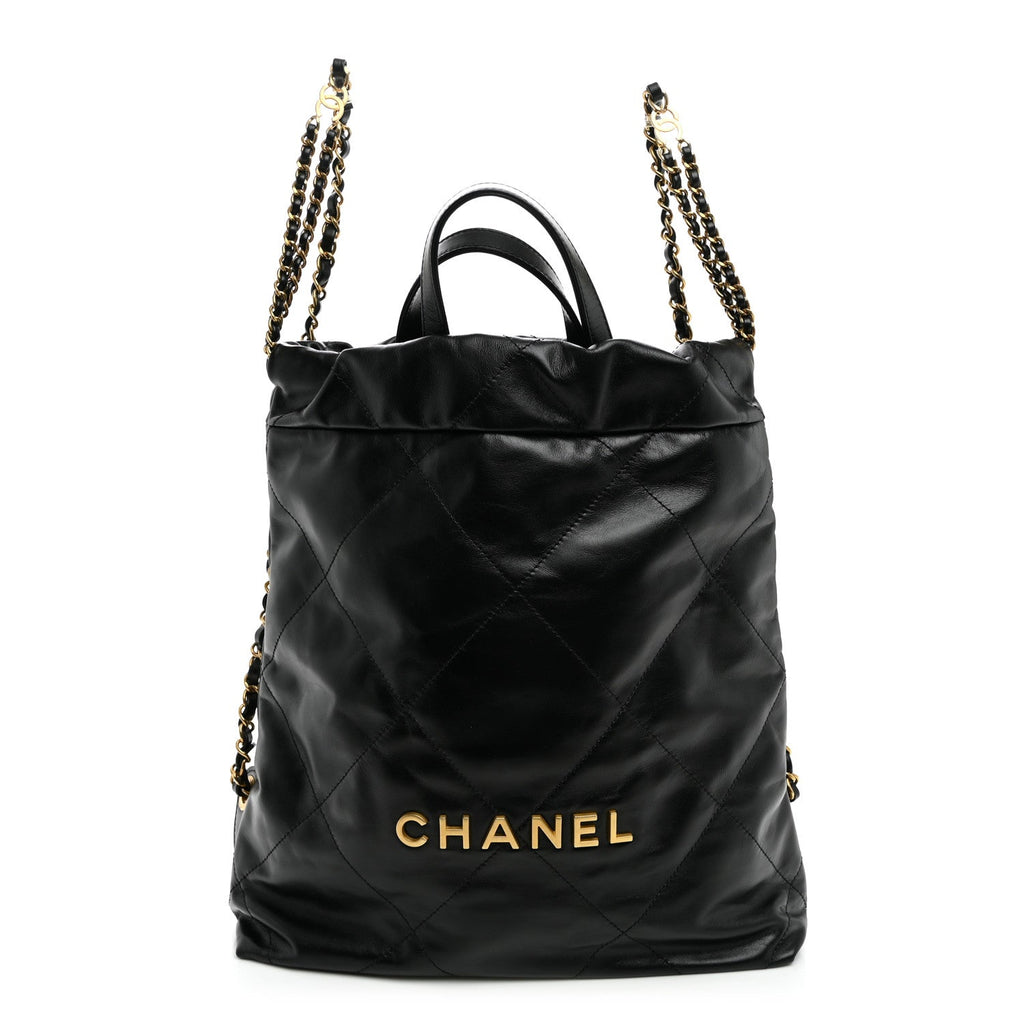 Shiny Calfskin Quilted Chanel 22 Backpack Black