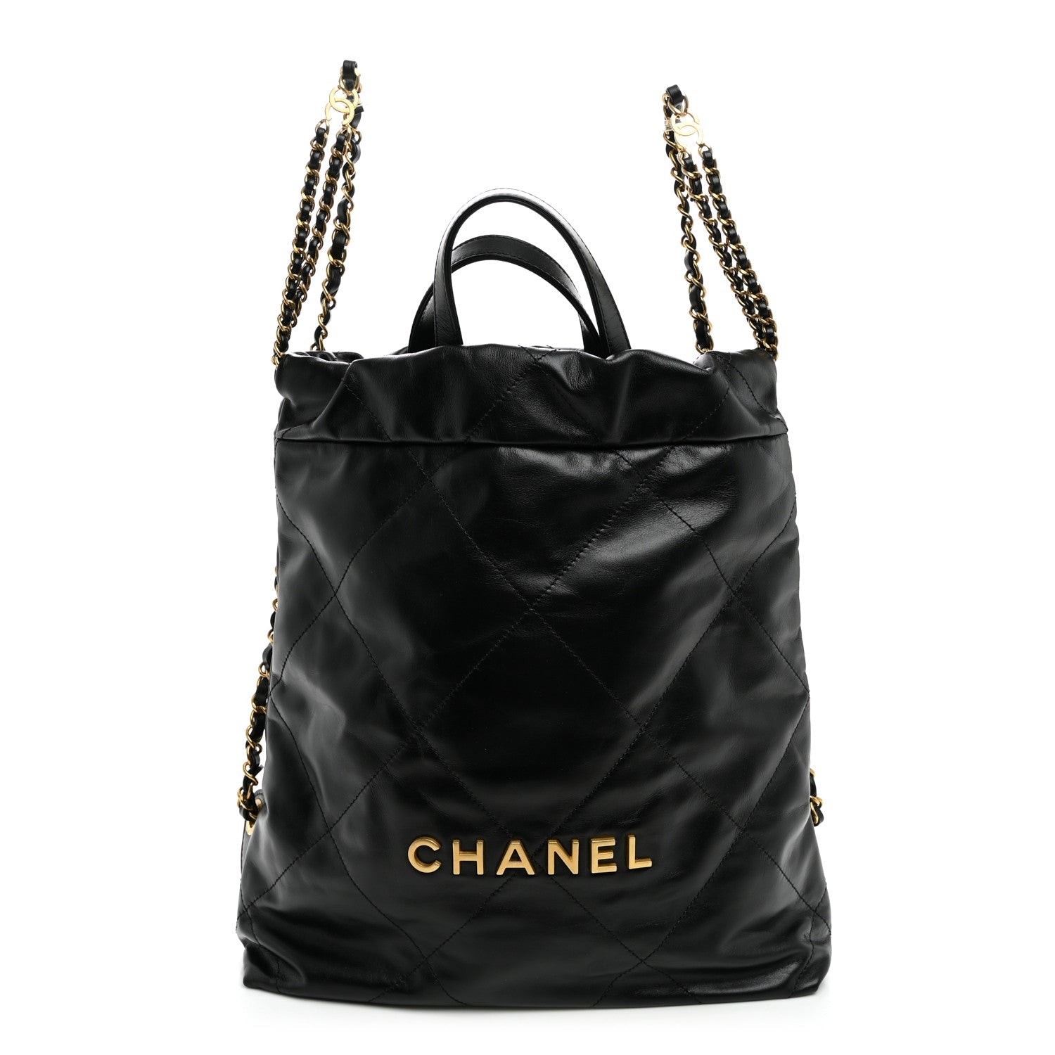 Shiny Calfskin Quilted Chanel 22 Backpack Black